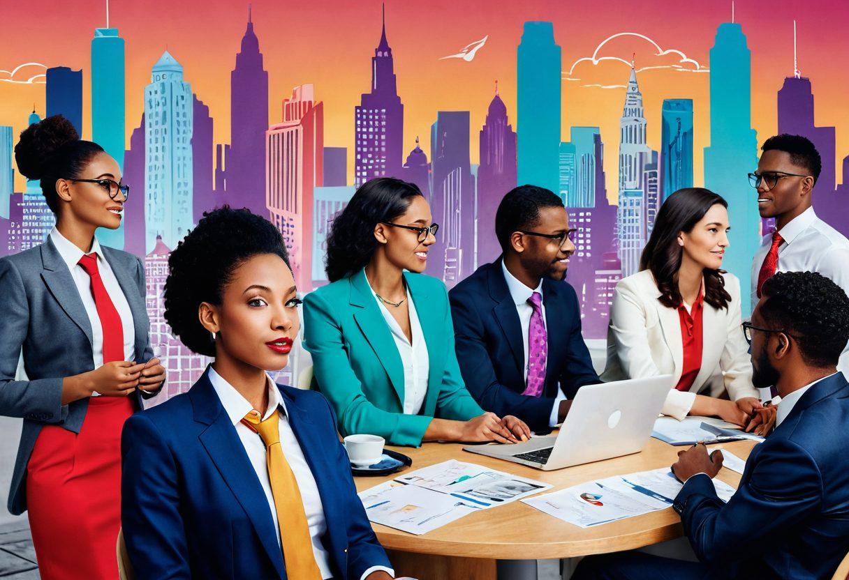 A visually dynamic scene featuring diverse adults exploring various career paths, surrounded by playful symbols of sensuality and professionalism. Showcase a sensual job fair with enticing job listings blending with traditional career growth paths. Include elements like business attire infused with bold, vibrant colors and various age groups networking. The background should depict an office skyline merging into a dreamlike world of opportunities. super-realistic. vibrant colors. energetic atmosphere.