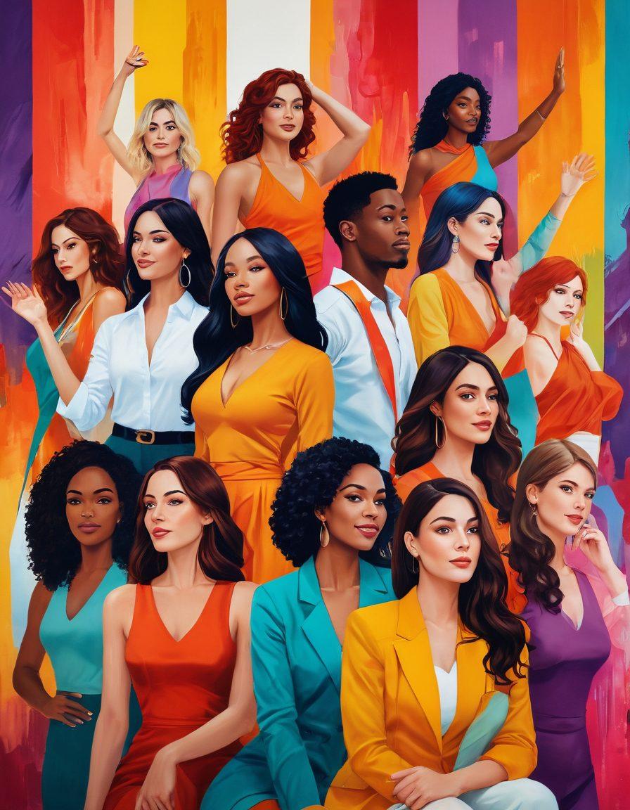 A captivating scene depicting diverse individuals engaged in various roles within the adult industry, showcasing creativity and passion. The background features abstract elements reflecting personal growth and opportunities, while each character symbolizes empowerment and pride. Incorporate warm, inviting colors to evoke a sense of enthusiasm and positivity. super-realistic. vibrant colors. dynamic composition.